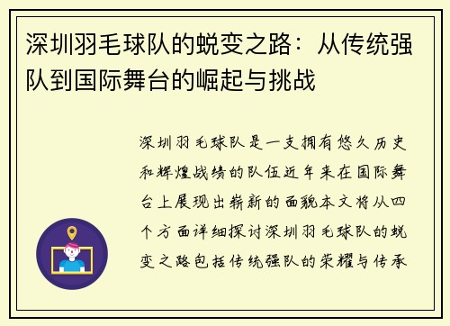 深圳羽毛球队的蜕变之路：从传统强队到国际舞台的崛起与挑战