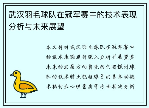 武汉羽毛球队在冠军赛中的技术表现分析与未来展望
